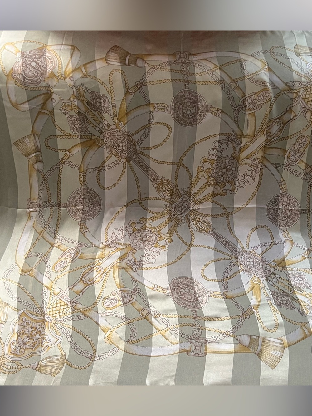 BALENCIAGA Paris Silk Square Scarf 34” Beige Gold Rope Tassel Crest Vintage - Picture 4 of 12